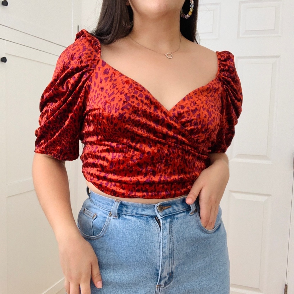 Forever 21 Red Purple Chetah Velvet Crop Top Size 2X